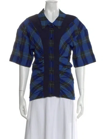 Pre-owned Stella Mccartney Plaid Print Short Sleeve Button-up Top In Blue