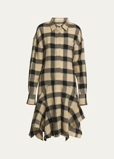 Stella Mccartney Plaid Wool Asymmetric Midi Shirtdress In Neutral