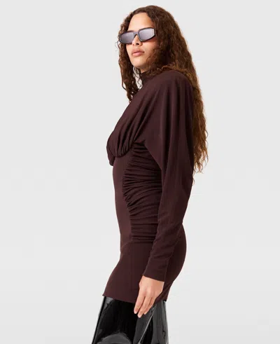 Stella Mccartney Pleated High-neck Long-sleeve Mini Dress In Brown