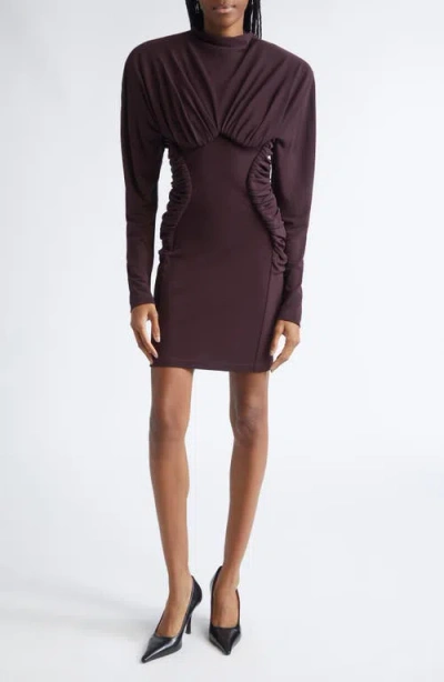 Stella Mccartney Pleated Long Sleeve Crepe Jersey Minidress In Brown