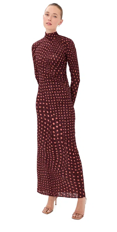 Stella Mccartney Turtleneck Polka Dot Mesh Long-sleeve Maxi Dress In Burgundy