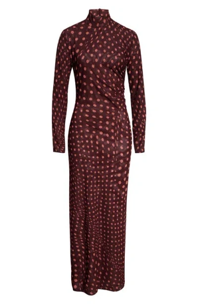 Stella Mccartney Turtleneck Polka Dot Mesh Long-sleeve Maxi Dress In Burgundy
