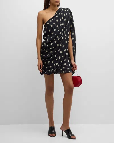 Stella Mccartney Polka Dot-print Draped Chiffon Strong One-shoulder Mini Dress In Blackcream