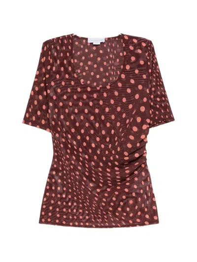 Stella Mccartney Gathered Polka-dot Mesh T-shirt In Burgundy