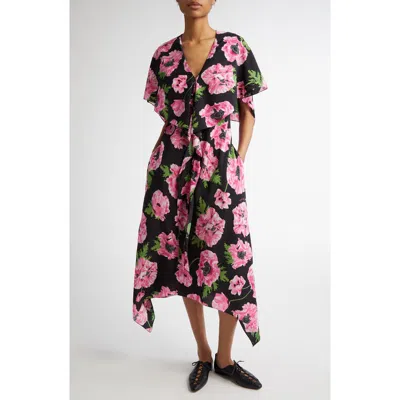 Stella Mccartney Poppy Print Ruffle Handkerchief Hem Silk Midi Dress In Pink/black
