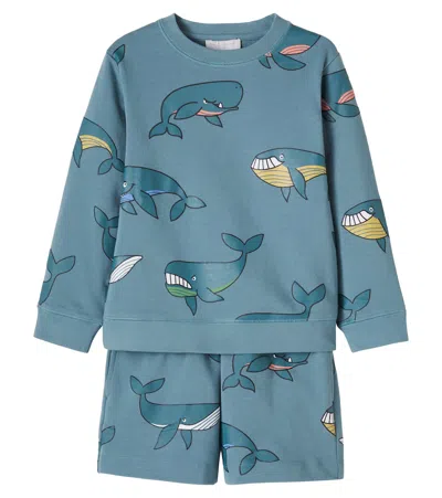 Stella Mccartney Kids' Printed Cotton Sweatshirt And Shorts Set In Blue