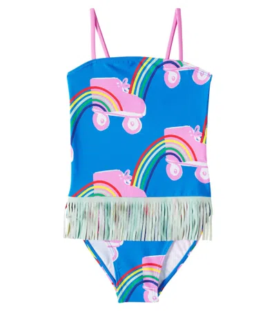 Stella Mccartney Kids' Printed Ruffled Swimsuit In Azzurro/multicolor
