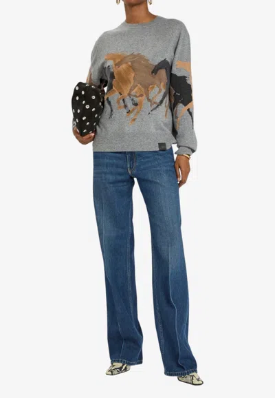 Stella Mccartney Stella Mc Cartney Racing Horses Wool Jumper In Gray