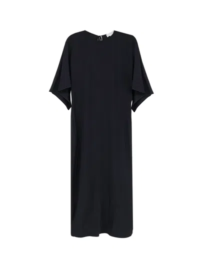 Stella Mccartney Asymmetrical-sleeve Back-slit Midi Dress In Multi