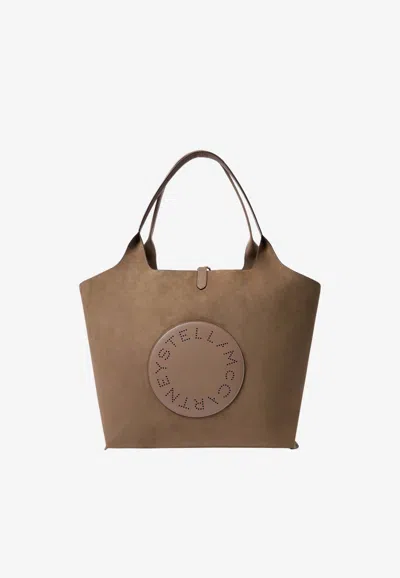 Stella Mccartney Reversible Logo Tote Bag In Faux Suede In Sand