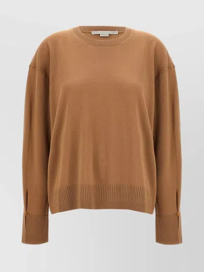 Stella Mccartney Ribbed Crew Neck Knitwear With Button Detail In Brown