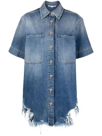 Stella Mccartney Ripped-hem Short-sleeved Denim Shirt In Blue