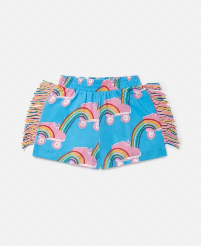 Stella Mccartney Rollerskate Rainbow Print Fringe Shorts In Blue