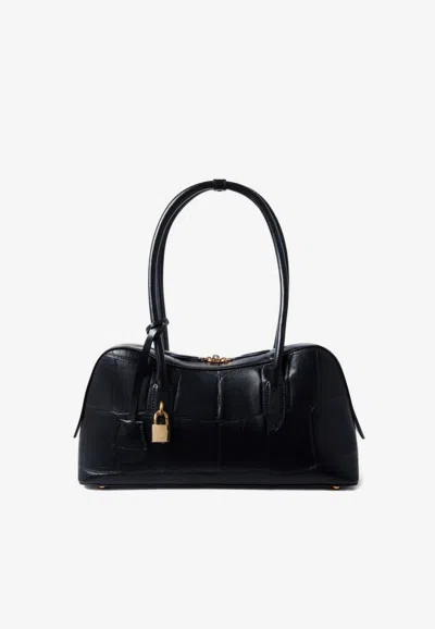 Stella Mccartney Ryder Croc-embossed Leather Top Handle Bag In Black