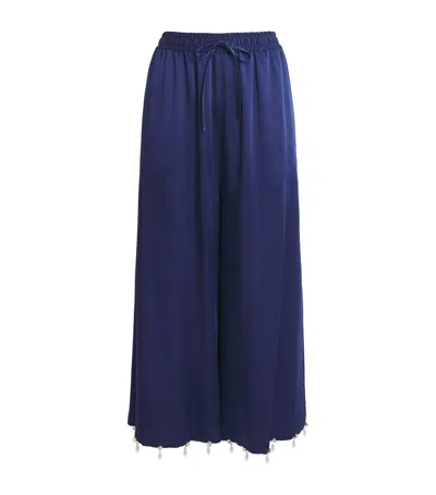 Stella Mccartney Satin Faux Pearl-embellished Wide-leg Trousers In Blue