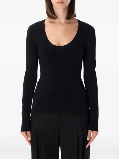 Stella Mccartney Compact Stretch Knit Slim-fit Top With Wide Scoop Neck And Long Sleeves In Black