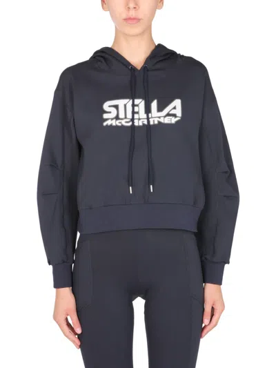 Stella Mccartney Scuba Sweatshirt With Logo And Drawstring Hood In Blue