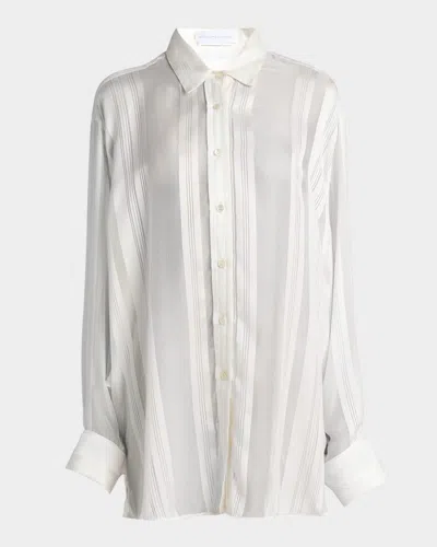 Stella Mccartney Sheer Stripe Silk Oversized Shirt In Ivory