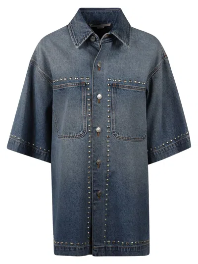 Stella Mccartney Patched Pocket Studded Denim Shirt In Blue Denim