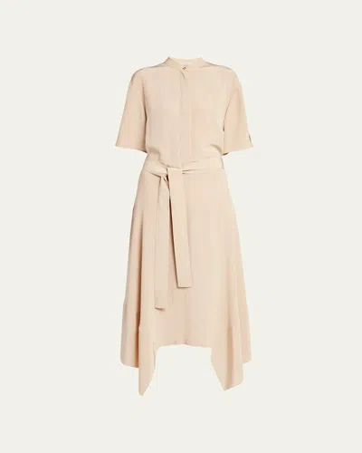 Stella Mccartney Silk Crepe De Chine Midi Dress With Tie Belt In Light Camel