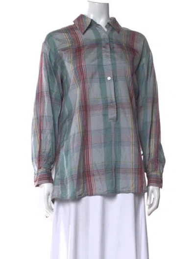 Pre-owned Stella Mccartney Silk Plaid Print Button-up Top In Blue