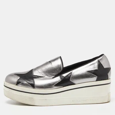 Pre-owned Stella Mccartney Silver/black Faux Leather Binx Star Slip On Trainers Size 37