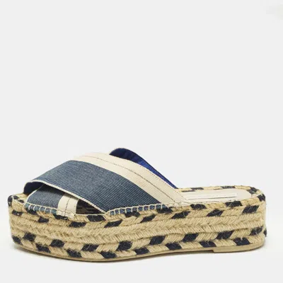 Pre-owned Stella Mccartney Size 39 Navy Blue/beige Canvas Criss Cross Espadrille Platform Sandals