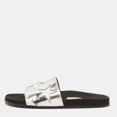 Pre-owned Stella Mccartney Size 41 Silver/white Faux Leather Star Flat Slides