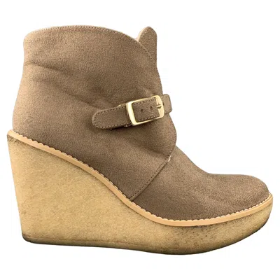 Pre-owned Stella Mccartney Size 7 Taupe Faux Shearling Gum Wedge Boots In Brown