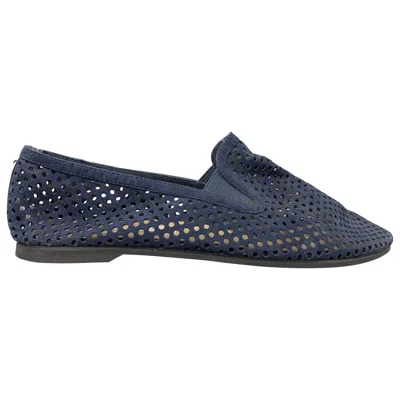 Pre-owned Stella Mccartney Size 7.5 Navy Perforated Faux Suede Flats In Blue