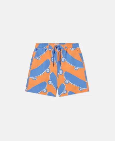 Stella Mccartney Kids' Skateboard Print Swim Shorts In Orange/blue