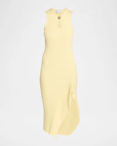 Stella Mccartney Sleeveless Cotton Ribbed Slit Midi Dress In Yellow