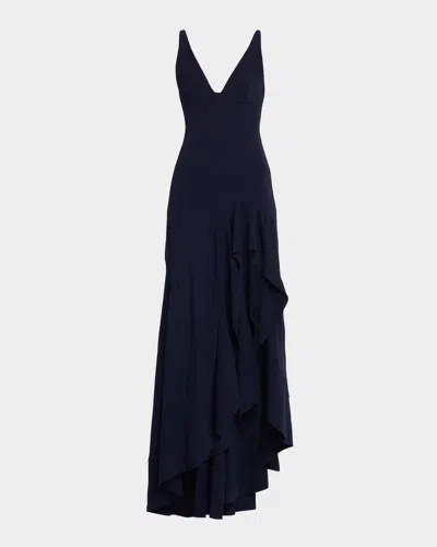 Stella Mccartney Sleeveless V-neck Frill Slit Maxi Dress In Blue
