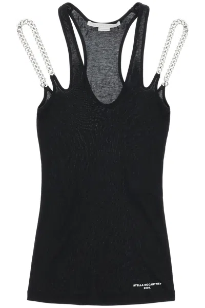 STELLA MCCARTNEY SOPHISTICATED FALABELLA CHAIN TOP IN BLACK COTTON BLEND WITH FABRIC AND CHAIN SHOULDER STRAPS