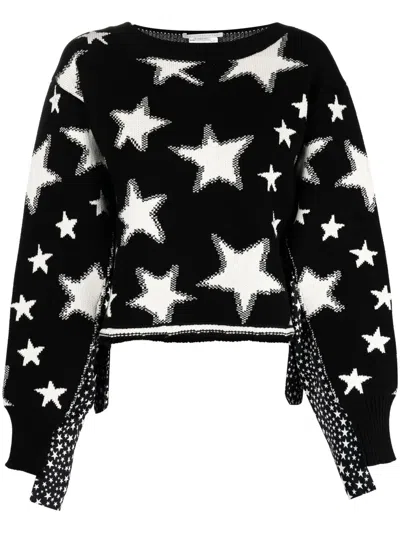 Stella Mccartney Long Sleeve Crew-neck Sweater With Star Pattern In Black