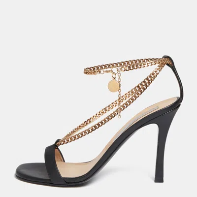 Pre-owned Stella Mccartney Stella Chain Size 38.5 Black Faux Leather Ankle Strap Sandals