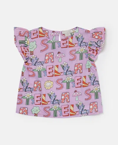 Stella Mccartney Kids' Stella Woodland Lettering Pleated Cap-sleeve T-shirt In Purple