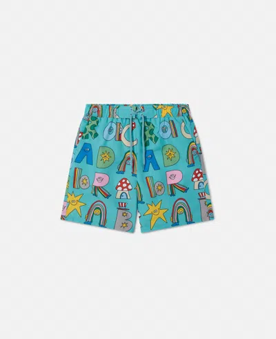Stella Mccartney Kids' Stella Woodland Lettering Swim Shorts In Blue