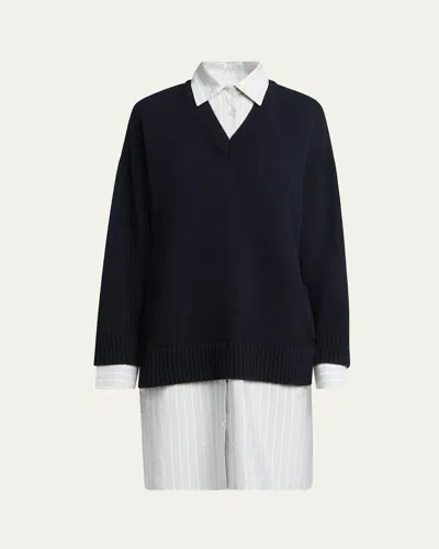 Stella Mccartney Stripe Layered Sweater Wool Shirt Dress In Blue