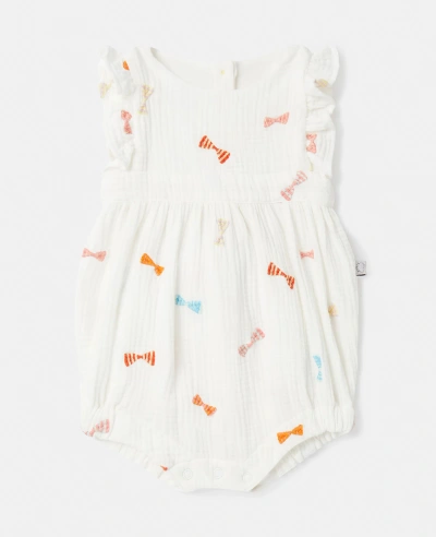 Stella Mccartney Kids' Striped Bow Embroidery Romper In Ivory