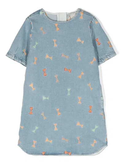 Stella Mccartney Kids' Striped Bow Flared Denim Dress In Blue