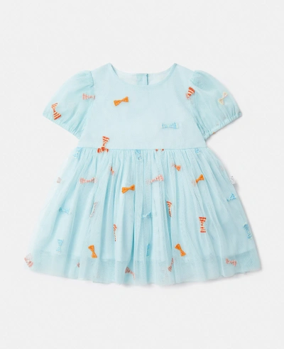 Stella Mccartney Kids' Bow-detail Embroidered Dress In Aqua Blue