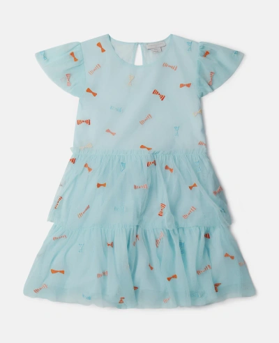 Stella Mccartney Kids' Striped Bow Print Occasion Dress In Aqua Blue