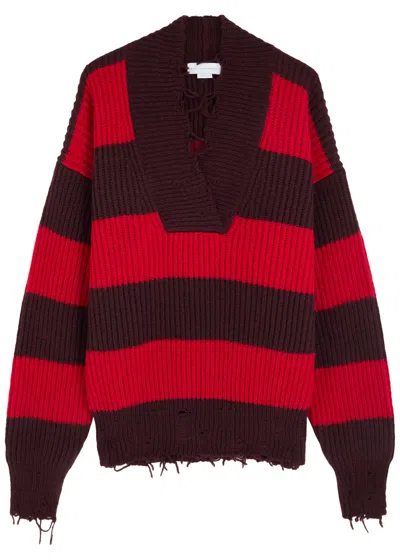 Stella Mccartney Striped V Neck Knitwear With Distressed Detailing In Black