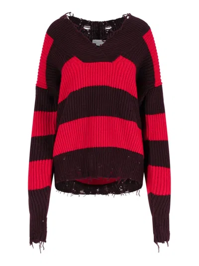 Stella Mccartney Striped V Neck Knitwear With Distressed Detailing In Black