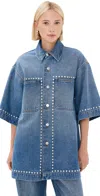 Stella Mccartney Studded Short-sleeve Denim Shirt In Vintage Blue Denim