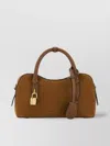 Stella Mccartney Suede Shoulder Bag With Top Handle And Padlock Detail In Neutral