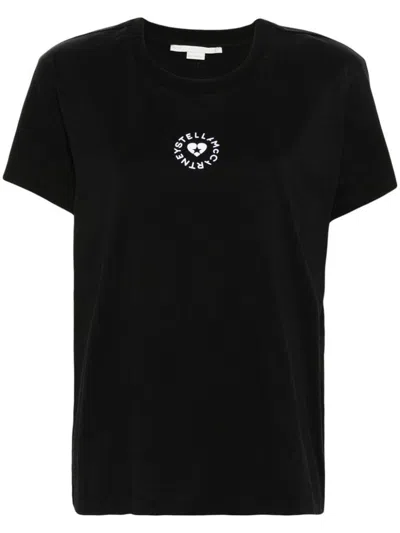 Stella Mccartney T-shirt In Cotone Con Logo Effetto Velluto Stampato Frontale In Nero