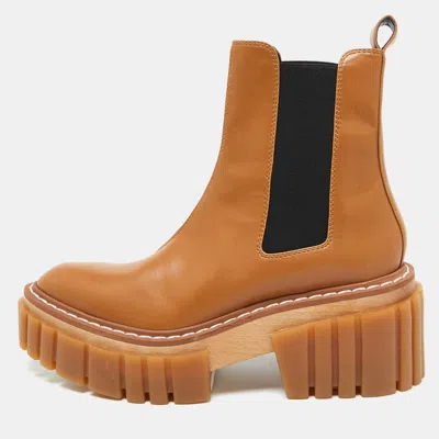 Pre-owned Stella Mccartney Tan Faux Leather Emilie Platform Chelsea Boots Size 40