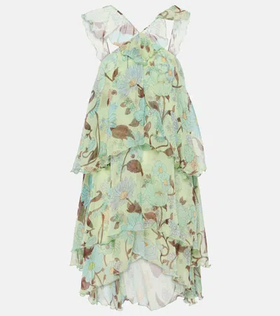 Stella Mccartney Ruffled Floral-print Halterneck Silk-chiffon Mini Dress In Green